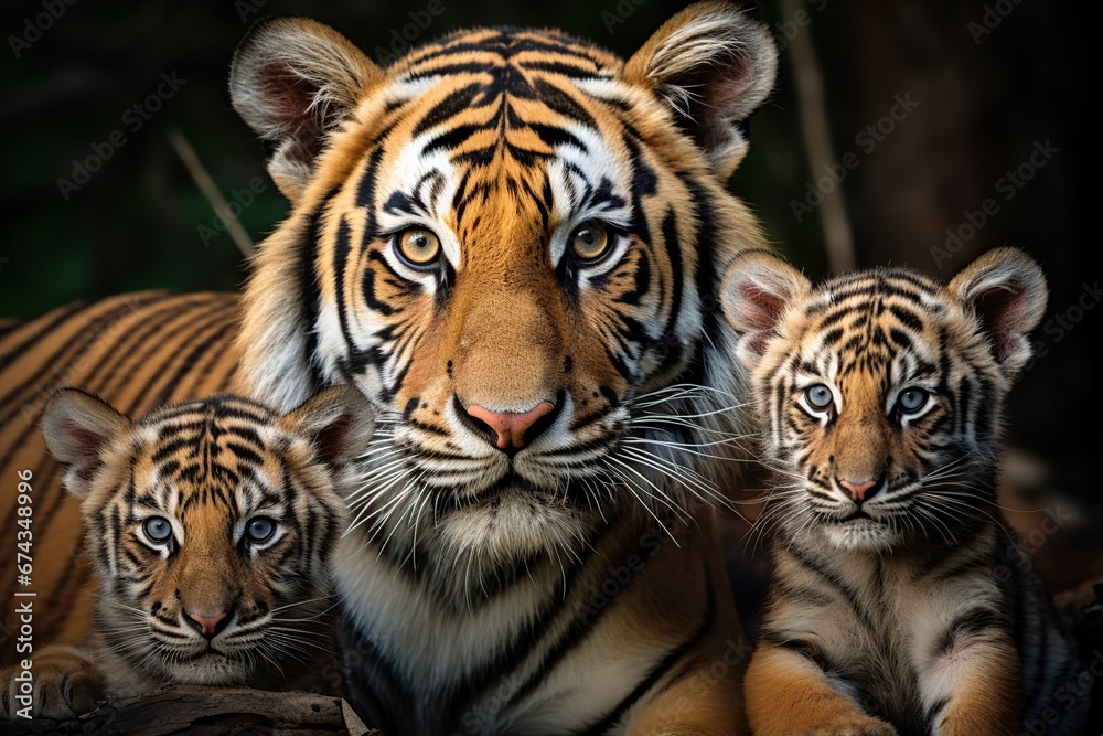 Three tiger cubs with mother in the zoo. (Panthera tigris altaica) Three tiger cubs with mother in the zoo. (Panthera tigris altaica)