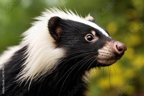 Close-up portrait of a black and white long-tailed skunk © Obsidian