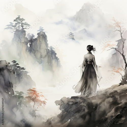 Chinese Ink Wash Painting Woman Fighter