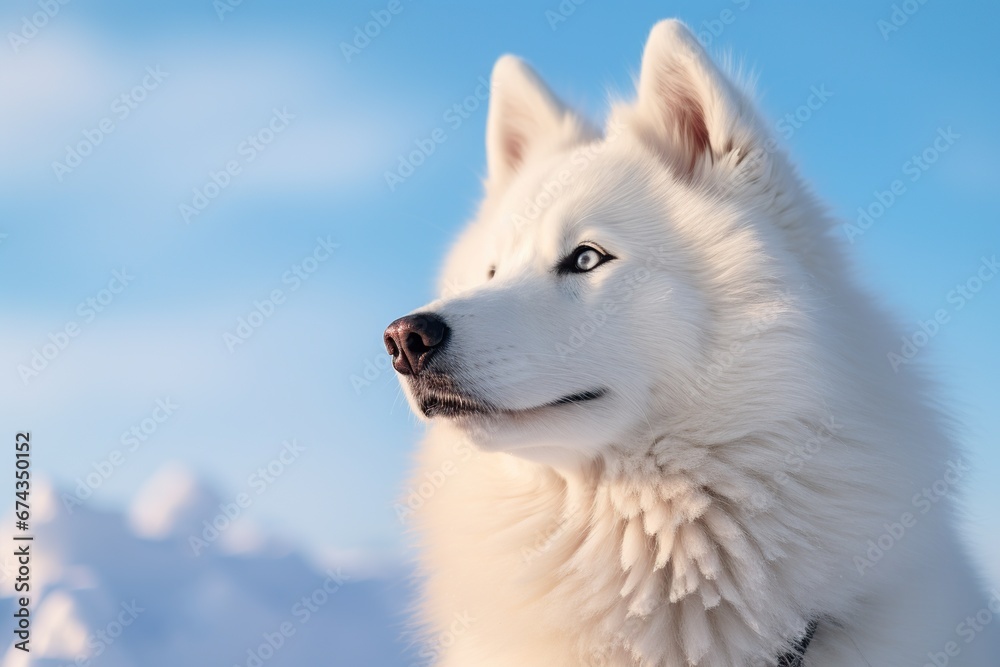 Portrait of Samoyed dog on the background of blue sky