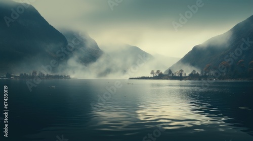 Autumn Whisper: Peaceful Lake with Misty Mountains for Seasonal Inspirations and Home Decor © Phieo Alex