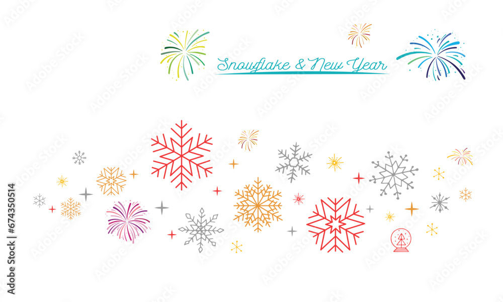 Snowflakes border. Gold, silver Christmas background vector illustration. With elegant fireworks & New year elements.