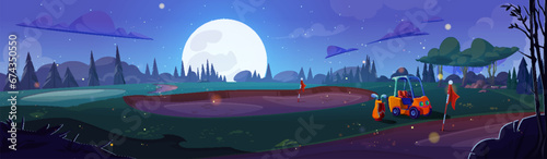 Golf course with green grass surface, sandy areas at night under fool moon light. Cartoon twilight vector landscape of empty golfcourse yard with buggy cart and putters near hole with pin flag.