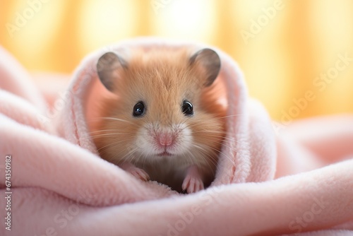 Hamster on pink blanket, close up view. Hamster on soft background