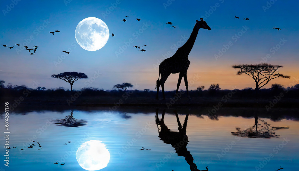 Jirafa en noche de luna llena junto a un río en la sabana Africana - obrazy, fototapety, plakaty 