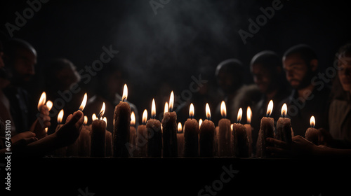 International Holocaust Remembrance Day. Burning candles on dark surface by human beings    photo