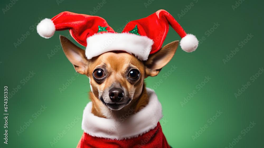 Portrait of a Chihuahua dog dressed in festive Christmas attire with antler headband and a red scarf, set against a solid green background. Portrait of a Chihuahua dog dressed in festive Christmas attire with antler headband and a red scarf, set against a solid green background.