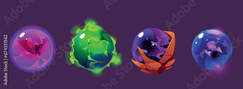 Set of magic game balls isolated on background. Vector cartoon illustration of energy crystals in neon purple, green, blue colors with liquid, gas, abstract texture, mystique fortunetelling spheres