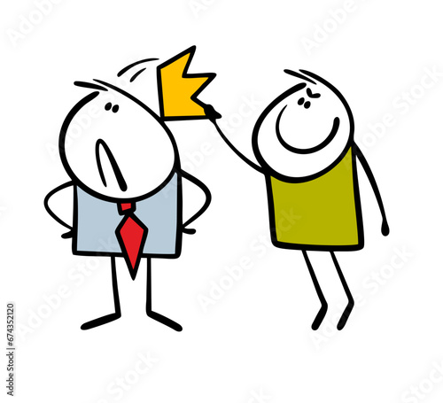 Brave subordinate secretly removes crown from the arrogant boss. Vector illustration of businessman imagines himself to be king. Colleagues at work are joking.