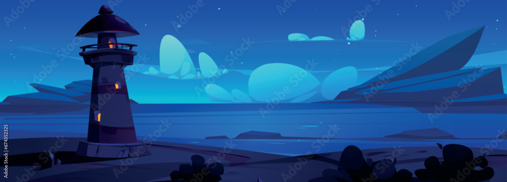 Cartoon night sea landscape with lighthouse on shore under moonlight ...