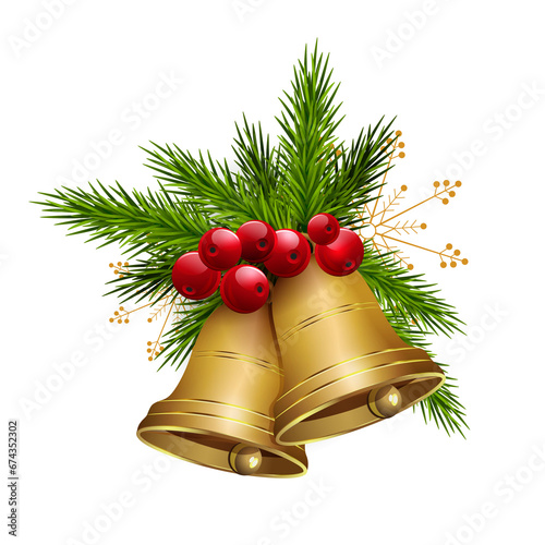 Christmas illustration with golden bells, isolated design element.