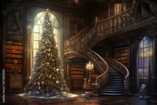 christmas tree with books inside an old castle