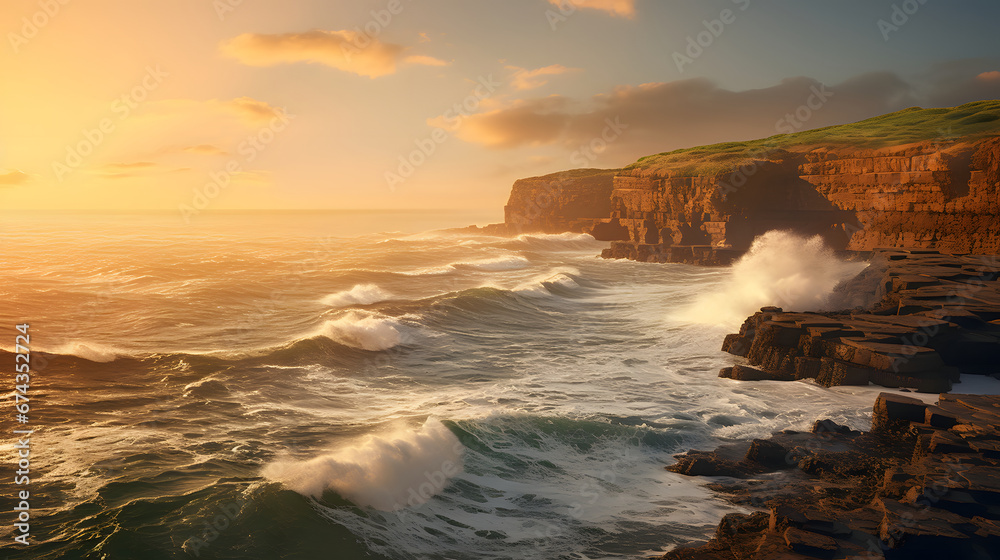 Majestic coastal cliffs bathed in golden sunlight, overlooking the vast expanse of the ocean as waves crash against the rugged shore. Ai Generated.NO.04