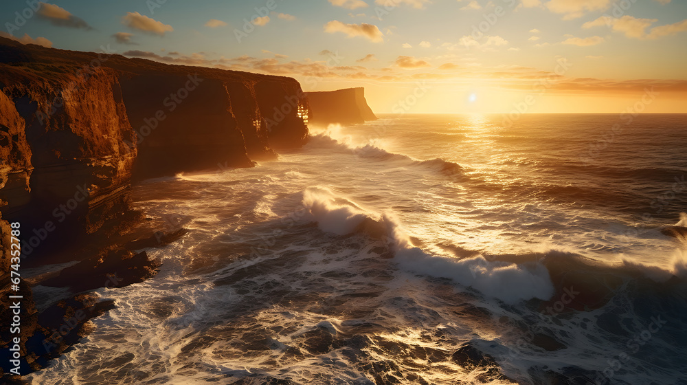 Obraz premium Majestic coastal cliffs bathed in golden sunlight, overlooking the vast expanse of the ocean as waves crash against the rugged shore. Ai Generated.NO.02