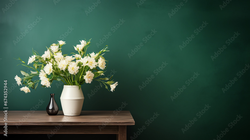 Wooden table with bouquet of flowers in vase on green background, copy space Wooden table with bouquet of flowers in vase on green background, copy space