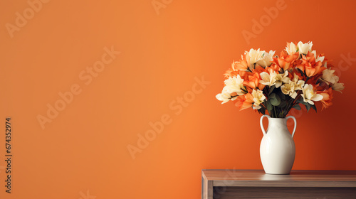 Wooden table with bouquet of flowers in vase on orange background, copy space