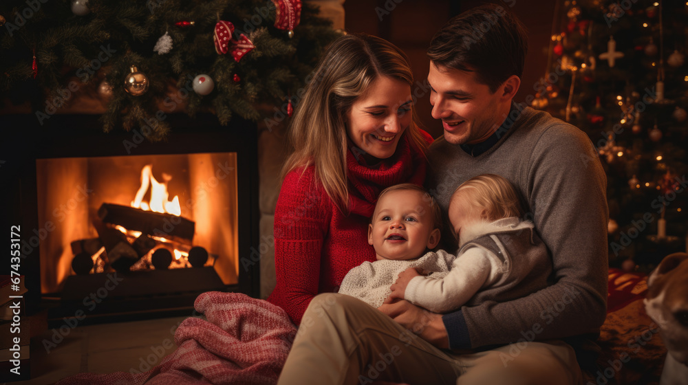 Happy family celebrates Christmas at their home with a Christmas tree and fireplace in the background