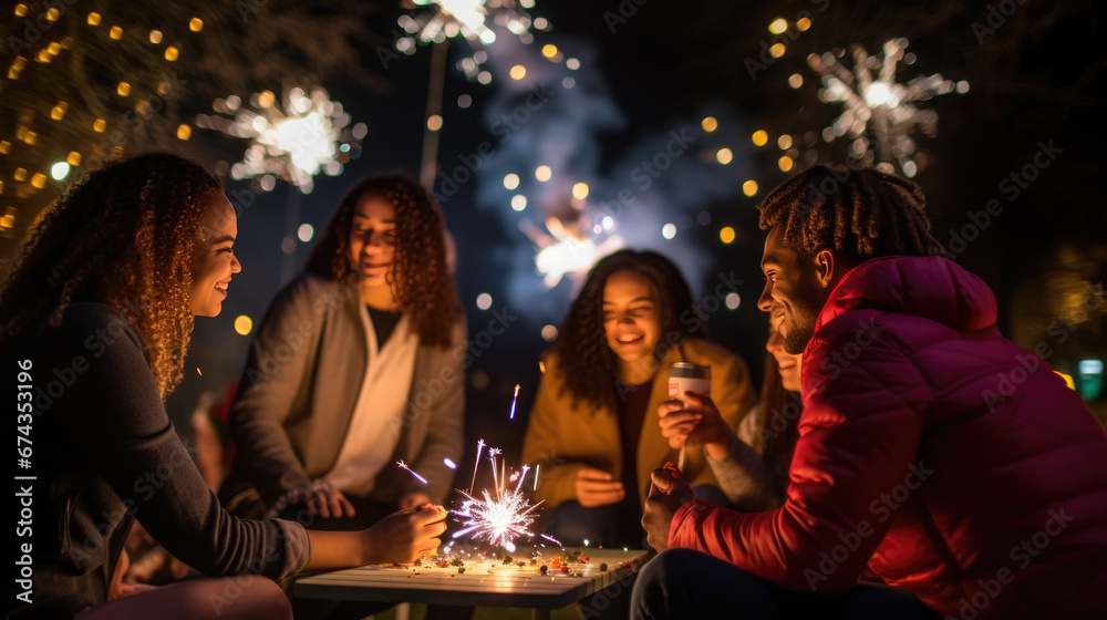 A joyful group of friends gather closely for a selfie, laughing and smiling against a backdrop of dazzling fireworks in an urban setting at night. A joyful group of friends gather closely for a selfie, laughing and smiling against a backdrop of dazzling fireworks in an urban setting at night.