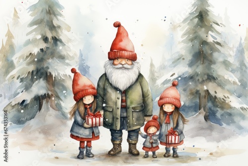 Adorable watercolor gnomes gather around the Christmas tree, exchanging gift in the cool Arctic atmosphere. Full color, textured knitted illustrations, suitable for nursery art by Generative AI photo