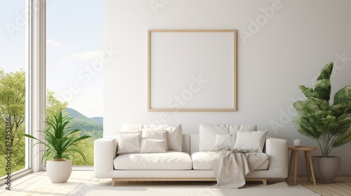 A mockup of a white frame in a simple living room with light-colored furniture and a large window overlooking nature.