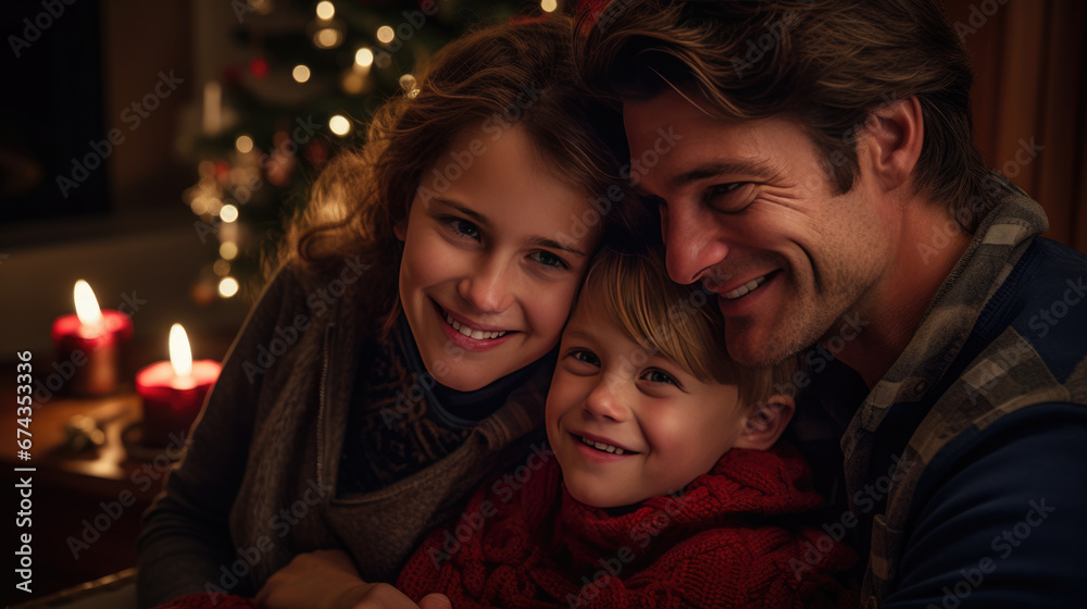 A joyful family share a warm embrace, laughing and smiling against a backdrop of a twinkling Christmas tree. A joyful family share a warm embrace, laughing and smiling against a backdrop of a twinkling Christmas tree.