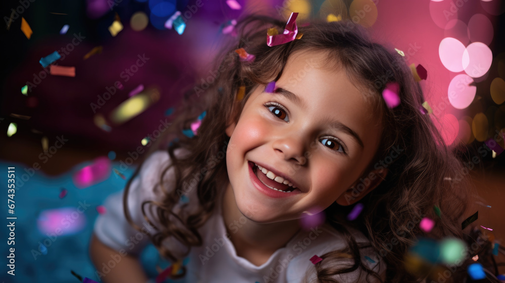 A joyful young girl with curly hair and a radiant smile is surrounded by floating golden confetti against a vibrant bokeh background. A joyful young girl with curly hair and a radiant smile is surrounded by floating golden confetti against a vibrant bokeh background.