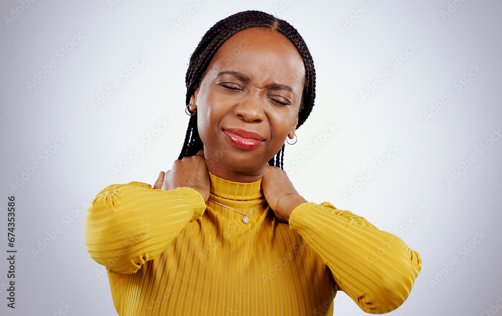 Φωτογραφία Woman, neck pain and stress or frustrated, studio and inflammation by gray background or tired