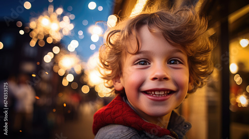 A young boy with wavy hair and a joyous expression marvels at the mesmerizing fireworks display against a city backdrop with glowing bokeh lights. © MP Studio