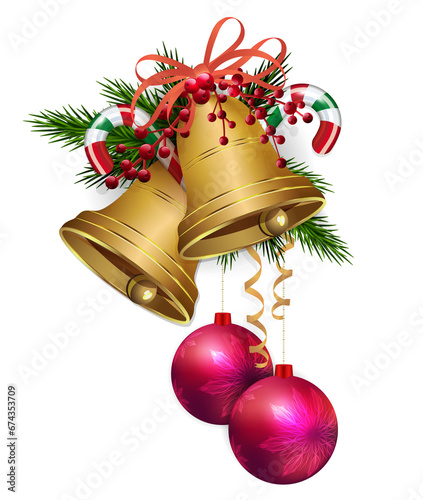 Christmas isolated design element with golden shiny bells.