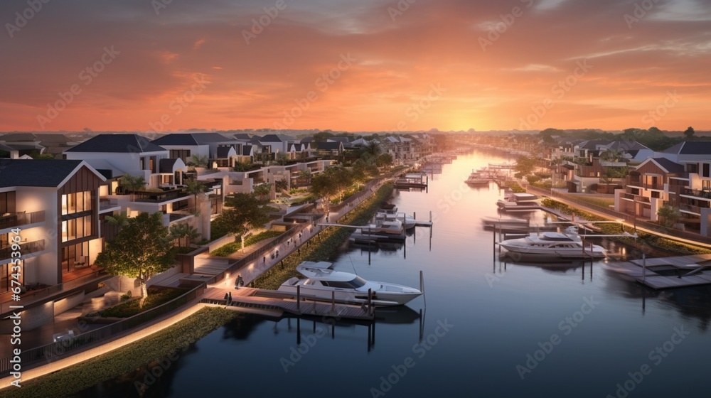 Aerial View of Waterfront Accommodation and Canal Bridge Under a Muted Sunset Sky