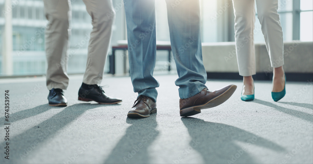 Business people, legs and team standing at office in meeting, interview or waiting room. Closeup of corporate employees, formal shoes or feet in teamwork for hiring, recruiting or growth at workplace Business people, legs and team standing at office in meeting, interview or waiting room. Closeup of corporate employees, formal shoes or feet in teamwork for hiring, recruiting or growth at workplace
