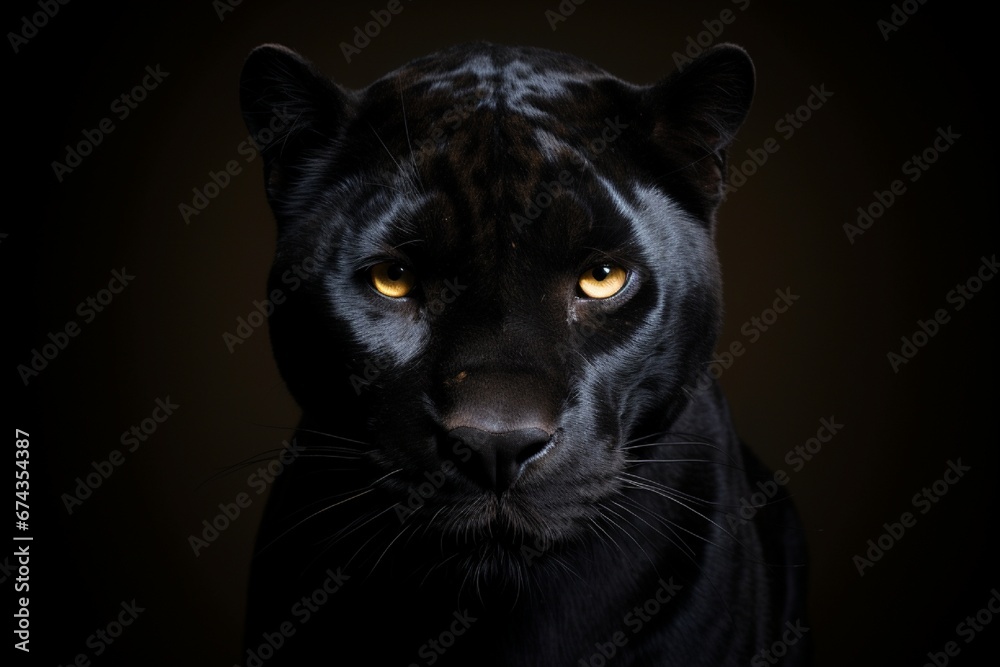 A mysterious black panther, its sleek form blending into the shadows, photographed in a studio, isolated on a bright solid background, exuding an air of mystery and power.