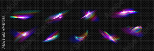 Set of diamond light refraction effect on transparent background. Vector realistic illustration of iridescent jewelry spectrum overlay, rainbow glare through crystal prism, sparkling precious gemstone