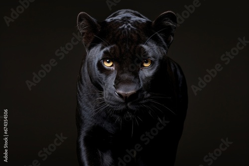 A mysterious black panther, its sleek form blending into the shadows, photographed in a studio, isolated on a bright solid background, exuding an air of mystery and power.