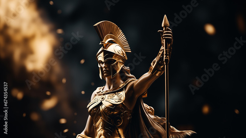 Goddess Athena with helmet, golden armor, and spear in hand ready for battle. An illustration of the goddess Athena, hyperrealistic. photo