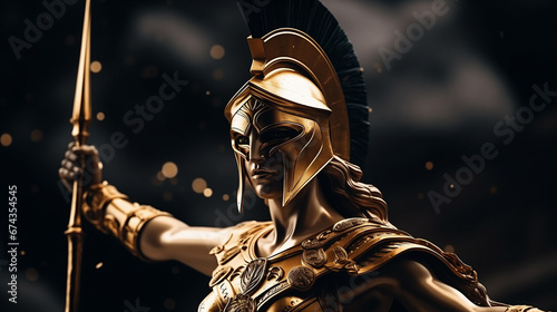 Goddess Athena with helmet, golden armor, and spear in hand ready for battle. An illustration of the goddess Athena, hyperrealistic.