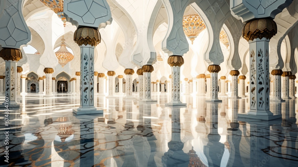 Fototapeta premium Beautiful Mosque Reflected in the Shiny Marble Floor, Creating a Breathtaking Scene