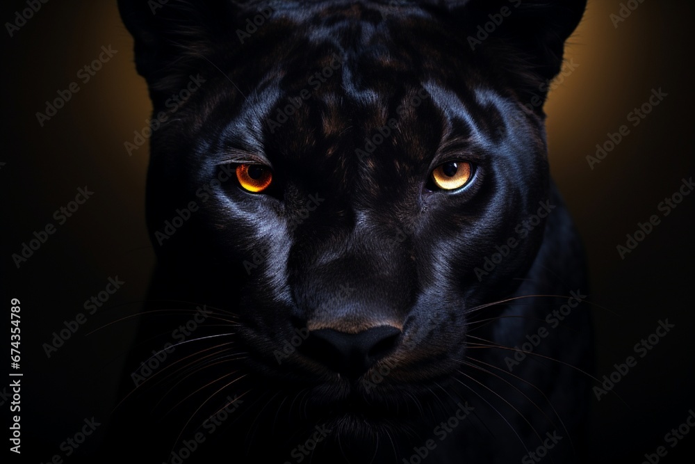 A mysterious panther, its eyes glowing in the darkness, photographed in a studio, isolated on a bright solid background, exuding an aura of enigma and power.