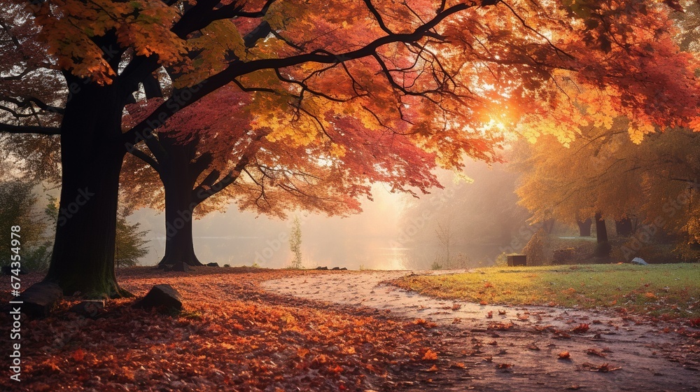 Beautiful autumn landscape with trees and colorful leaves in park. Fall leaves background