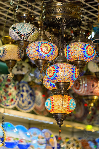 Beautiful traditional Turkish decorative multi-colored souvenir bright lamps. made of colored glass