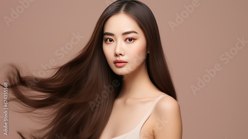 Asian beauty young woman model long hair with korean makeup style on her face and perfect skin on isolated beige background facial treatment cosmetology spa aesthetic plastic surgery