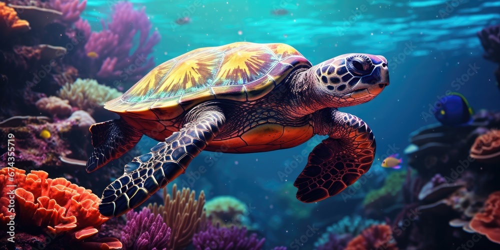 Ocean Turtle, Bright Fish, and Bright Coral. Generative Ai. Ocean Turtle, Bright Fish, and Bright Coral. Generative Ai.