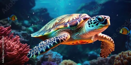 Ocean Turtle, Bright Fish, and Bright Coral. Generative Ai.