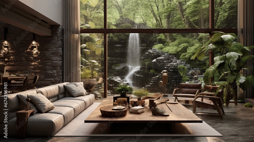 A nature-inspired living room with natural stone accents, wooden furniture, and earthy tones. The room features a large indoor waterfall and abundant