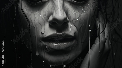 Black and white portrait of a woman cry