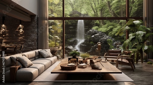 A nature-inspired living room with natural stone accents, wooden furniture, and earthy tones. The room features a large indoor waterfall and abundant