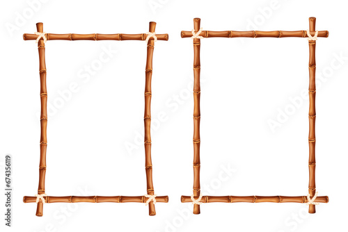 Bamboo frame from sticks and rope in cartoon style, border isolated on white background. Tribal panel, game menu. © Alyona