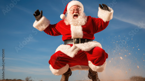 A person dressed as Santa Claus, exuberantly jumping with arms outstretched and a beaming smile, wearing the traditional red and white suit, against a festive red background.
