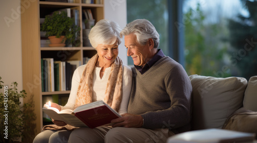 Elderly couple sitting closely, smiling and sharing a joyful moment while reading a book together