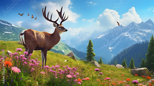 Serene alpine meadow dotted with wildflowers, where grazing deer and chirping birds create a harmonious symphony of nature. Ai Generated.NO.05 © ZWDQ